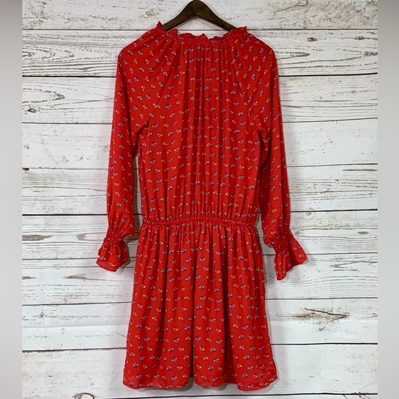 Gap Red Blue Yellow Tiny Floral Print, Ruffle Details Pockets Fit Flare Dress - Picture 5 of 8